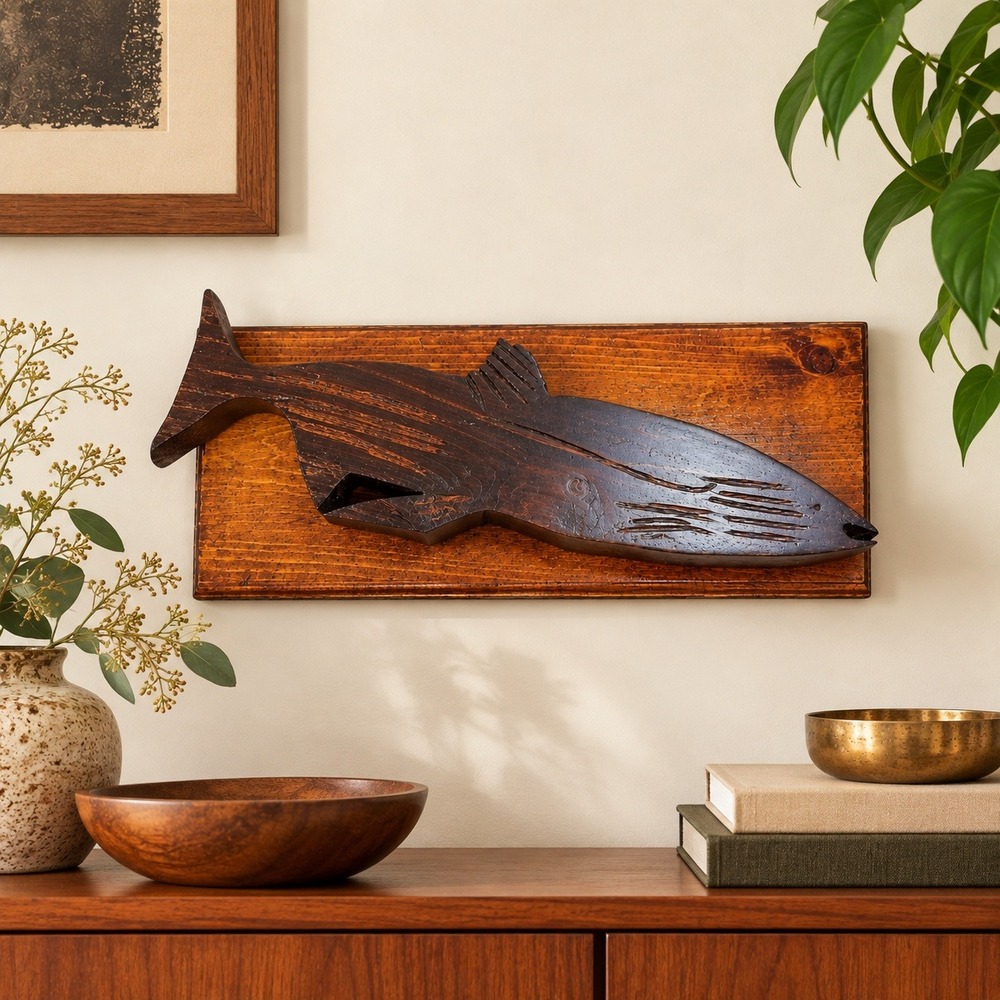 Vintage Hand Carved Wooden Whale Plaque - 17.5" Rustic Nautical Folk Art Decor